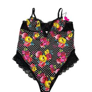 Torrid Betsey Johnson Bodysuit 3X Black Floral Polka Dot Lace Trim Underwire